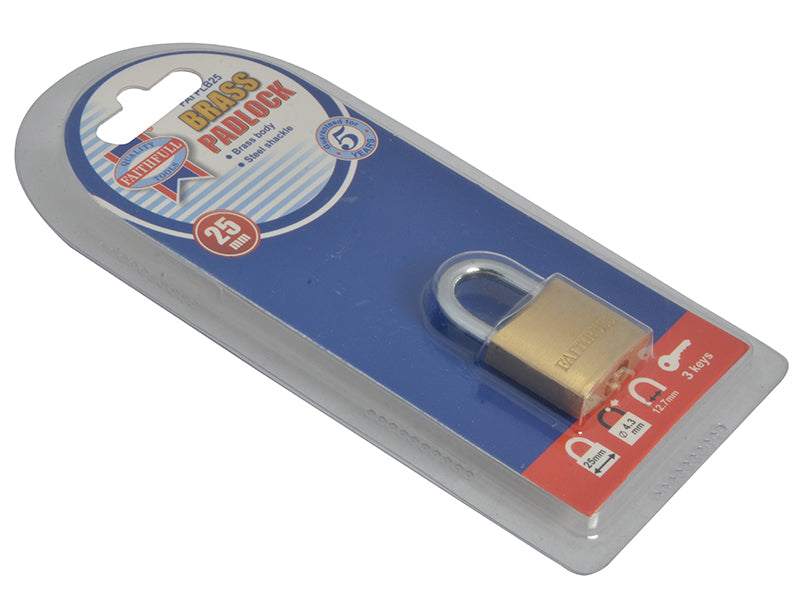 Faithfull Brass Padlock 25mm 3 Keys FAIPLB25