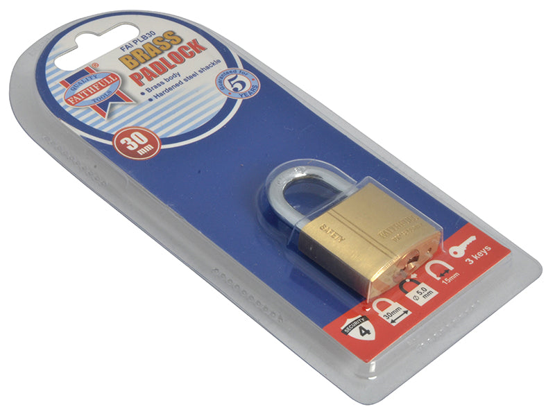 Faithfull Brass Padlock 30mm 3 Keys FAIPLB30