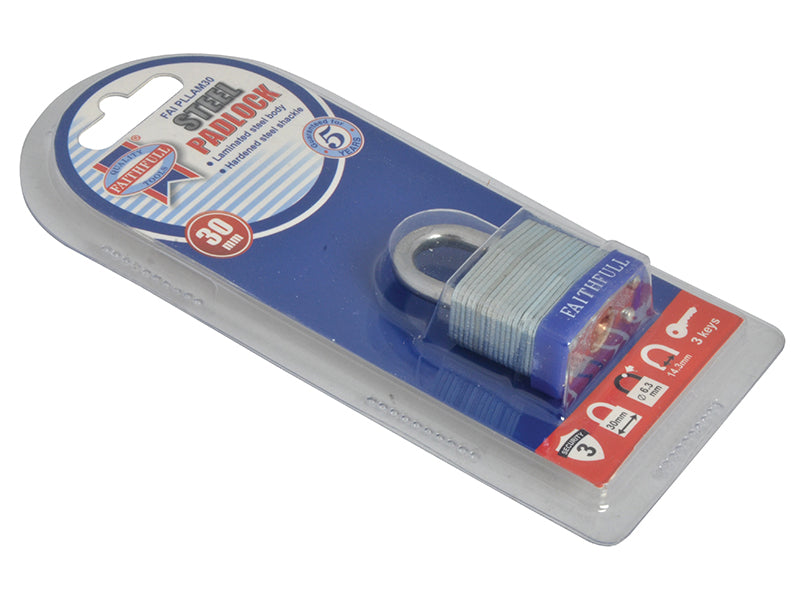 Faithfull Laminated Steel Padlock 30mm 3 Keys FAIPLLAM30