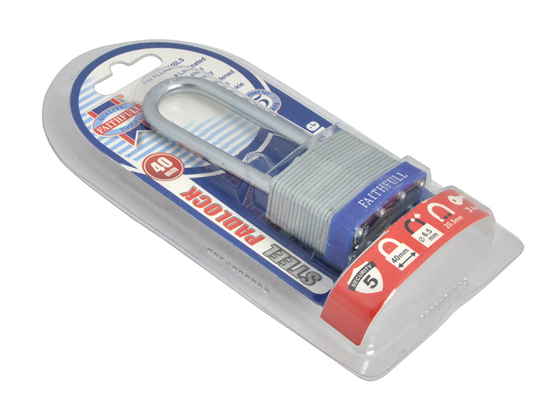 Faithfull Laminated Steel Padlock 40mm Long Shackle 3 Keys FAIPLLAM40LS