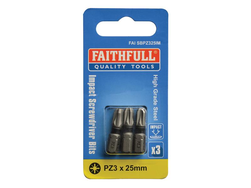 Faithfull Pozi Impact Screwdriver Bits PZ3 x 25mm (Pack 3) FAISBPZ325IM