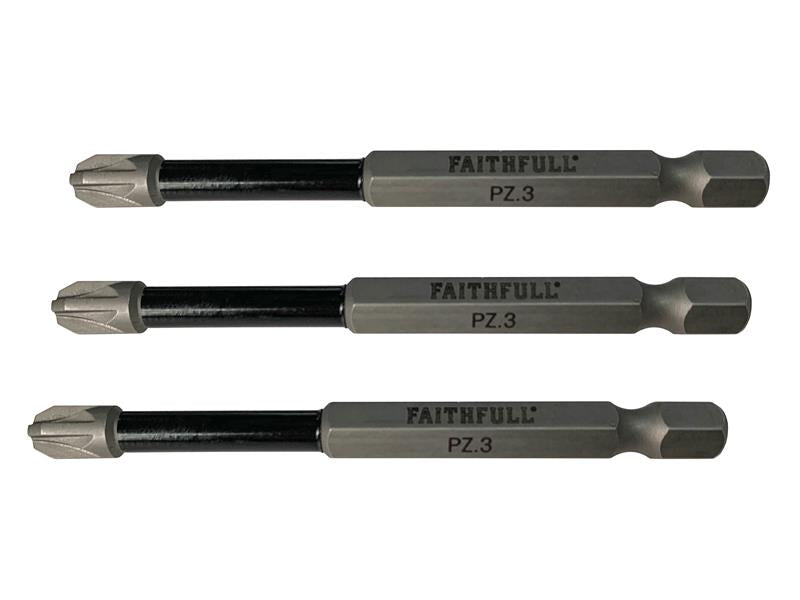 Faithfull Pozidriv Impact Screwdriver Bits PZ3 x 75mm (Pack 3) FAISBPZ375IM
