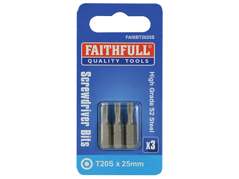 Faithfull Security S2 Grade Steel Screwdriver Bits T20S x 25mm (Pack 3) FAISBT2025S