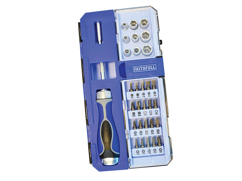 Faithfull Soft Grip Ratchet Screwdriver Socket And Bit Set 33 Piece FAISDSET33R