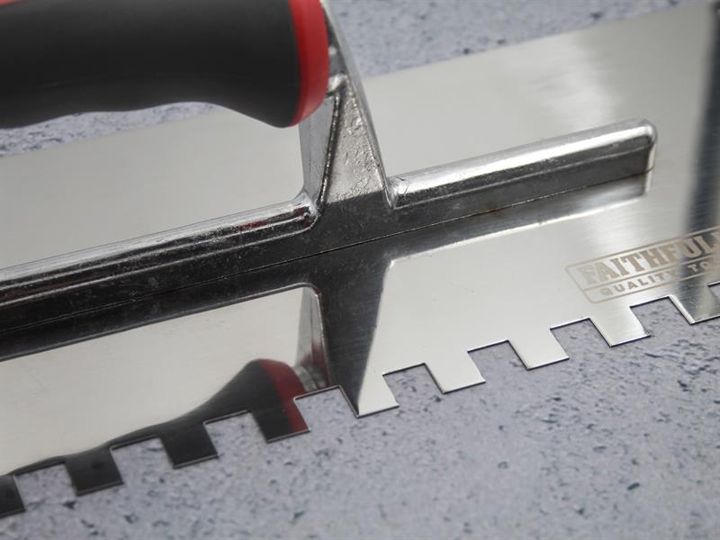Faithfull Notched Trowel Serrated 10mm Stainless Steel Soft Grip Handle 13 x 4.1/2in FAISGTNOT10S