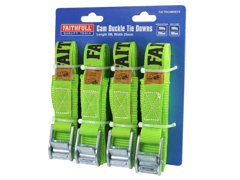 Faithfull Cam Buckle Tie-Downs 5m x 25mm, 4 Piece FAITDCAMSET4