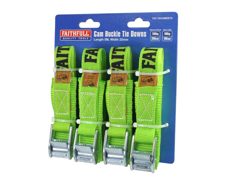 Faithfull Cam Buckle Tie-Downs 5m x 25mm, 4 Piece FAITDCAMSET4