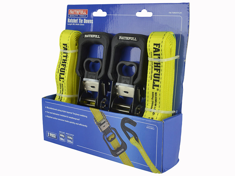 Faithfull Ratchet Tie-Downs J-Hook 5m x 32mm Breaking Strain 1320kg/daN 2 Piece FAITDRAT51JH