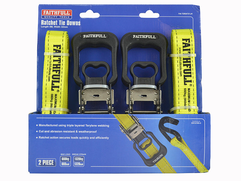 Faithfull Ratchet Tie-Downs J-Hook 5m x 32mm Breaking Strain 1320kg/daN 2 Piece FAITDRAT51JH