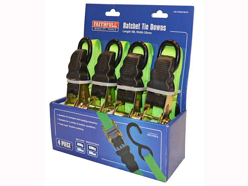 Faithfull Ratchet Tie-Downs 5m x 25mm Green 4 Piece FAITDRATSET4