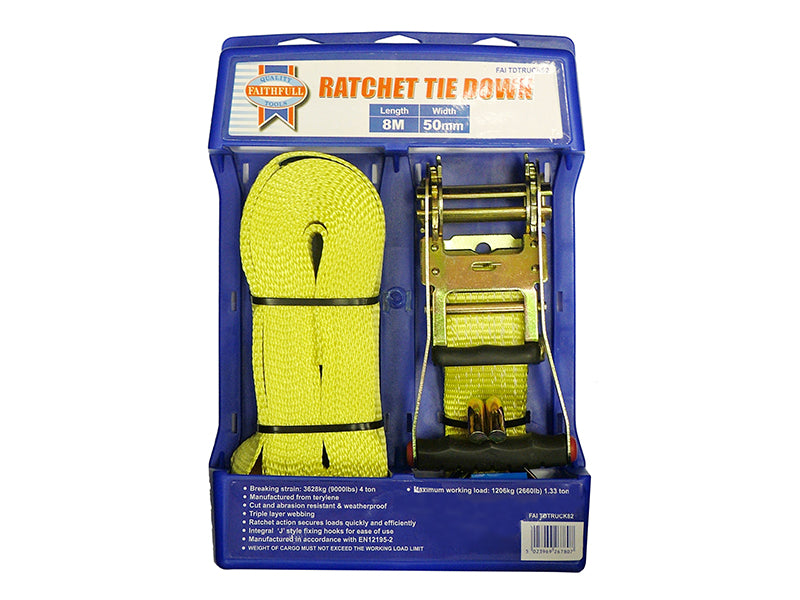 Faithfull Ratchet Tie-Down 8m x 50mm Trucker Breaking Strain 4000kg FAITDTRUCK82