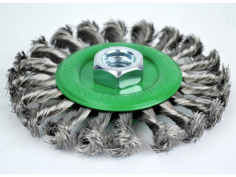 Faithfull Flat Twist Knot Wire Brush 115 x 12mm M14x2 Bore, 0.35mm Stainless Steel Wire FAIWBCT115S