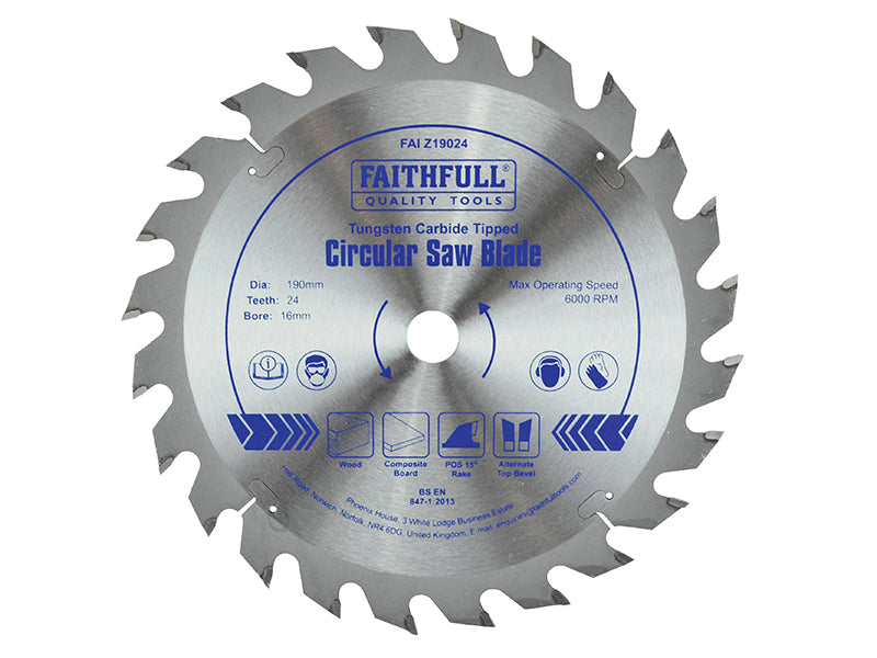 Faithfull TCT Circular Saw Blade 190 x 16mm x 24T POS FAIZ19024