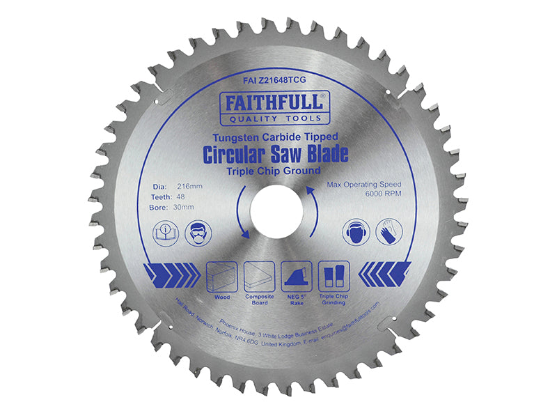 Faithfull TCT Circular Saw Blade Triple Chip Ground 216 x 30mm x 48T NEG FAIZ21648TCG