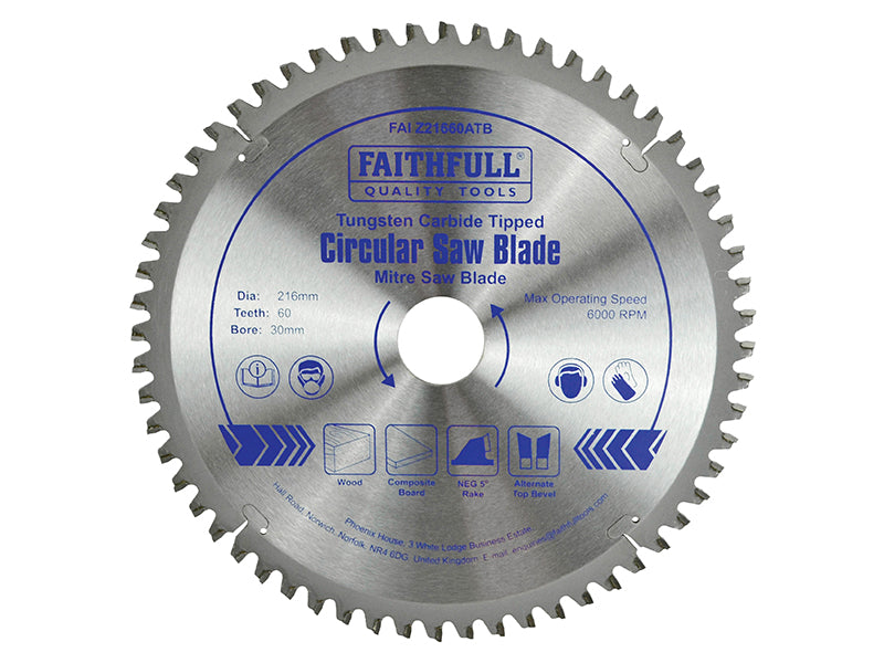 Faithfull TCT Cross Cut Mitre Saw Blade 216 x 30mm x 60T NEG FAIZ21660ATB