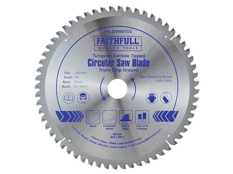 Faithfull TCT Circular Saw Blade Triple Chip Ground 250 x 30mm x 60T NEG FAIZ25060TCG