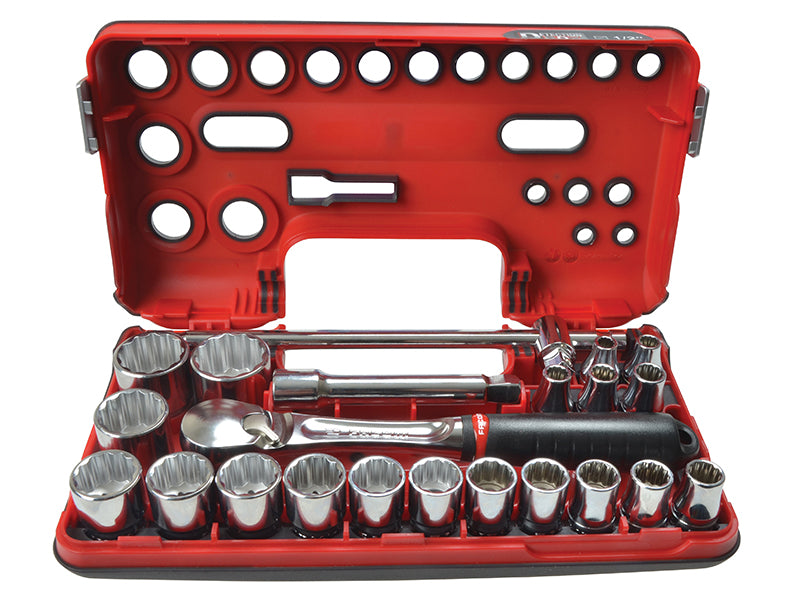 Facom 1/2in Drive 12 Pt Metric Socket Set 22 Piece Detection Box FCMSLDBOX412