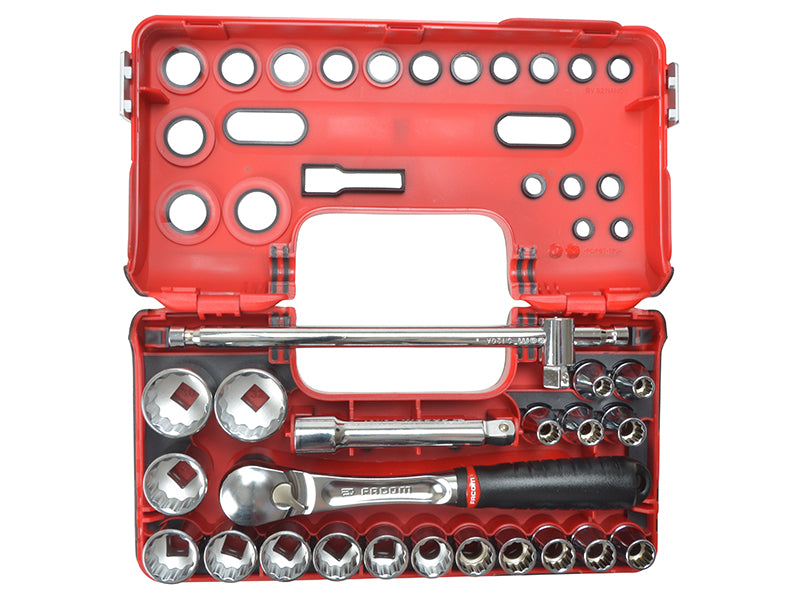 Facom 1/2in Drive 12 Pt Metric Socket Set 22 Piece Detection Box FCMSLDBOX412