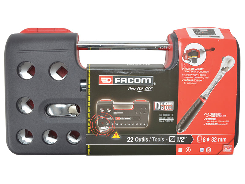 Facom 1/2in Drive 12 Pt Metric Socket Set 22 Piece Detection Box FCMSLDBOX412