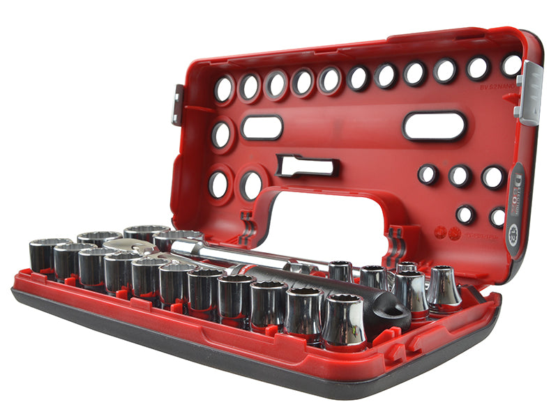 Facom 1/2in Drive 12 Pt Metric Socket Set 22 Piece Detection Box FCMSLDBOX412