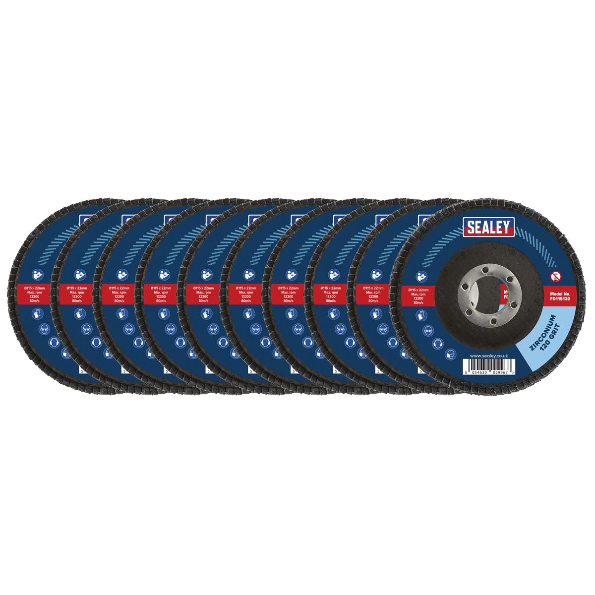 Sealey 120Grit Flap Discs Zirconium �115mm �22mm Bore - Pack of 10 FD11512010