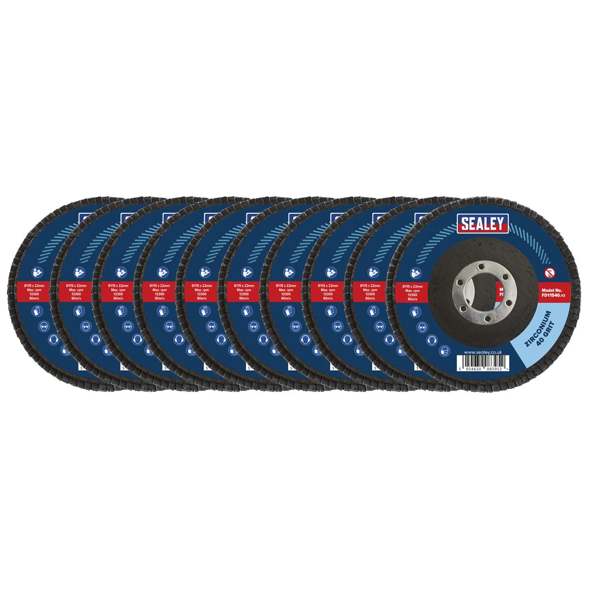 Sealey 40Grit Flap Discs Zirconium �115mm �22mm Bore - Pack of 10 FD1154010