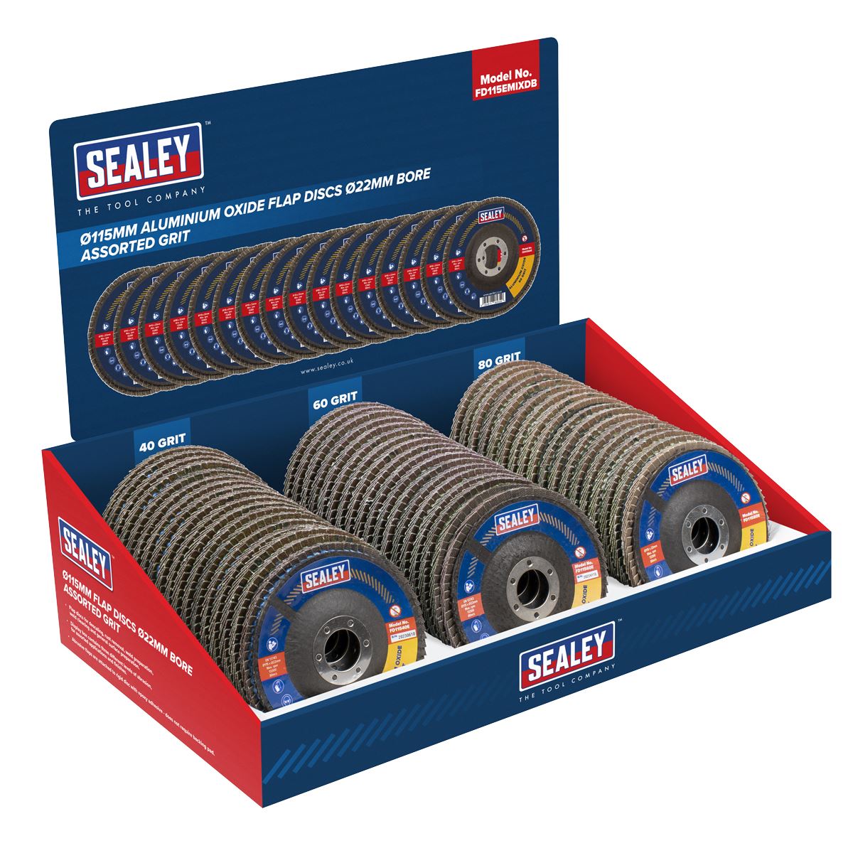 Sealey 60 Assorted Grit Flap Discs Aluminium Oxide 115mm 22mm Bore FD115EMIXDB
