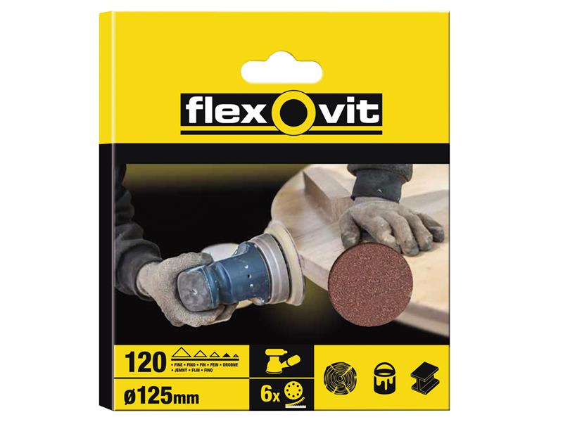 Flexovit Hook & Loop Sanding Disc 125mm Fine 120G 8 Holes (Pack 6) FLV26392