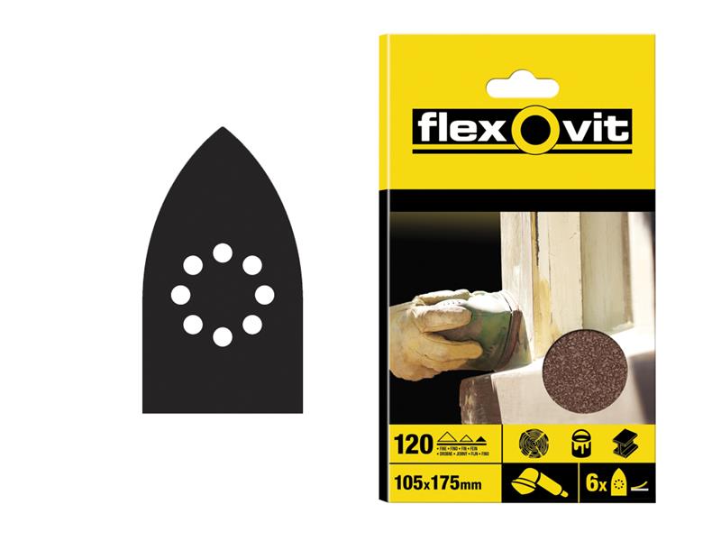 Flexovit Detail Hook & Loop Sanding Sheets 105x175mm Fine 120G (Pack 6) FLV26405