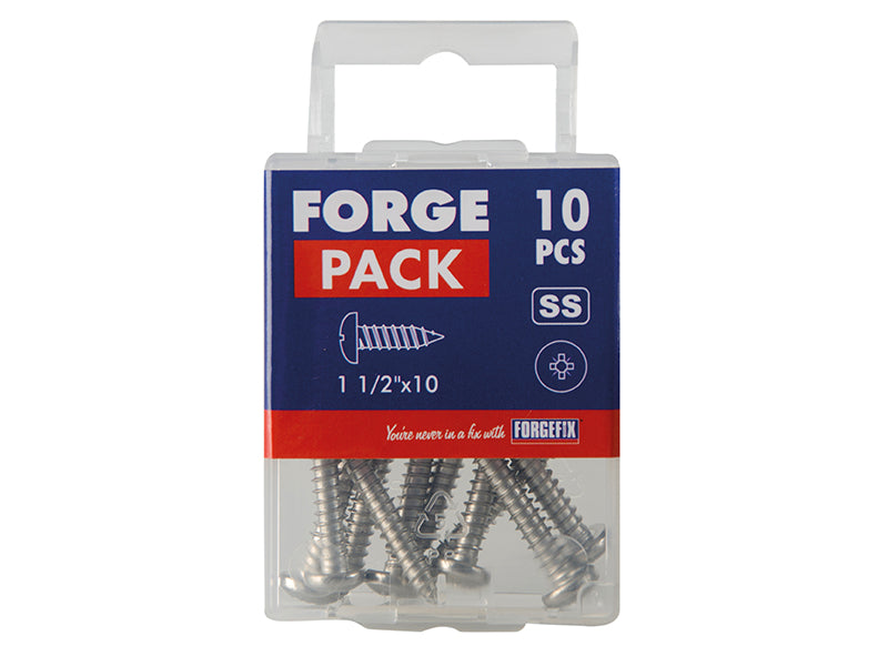 ForgeFix Self-Tapping Screw Pozi Compatible Pan A2 SS 1.1/2in x 10 ForgePack 10 FOR185352