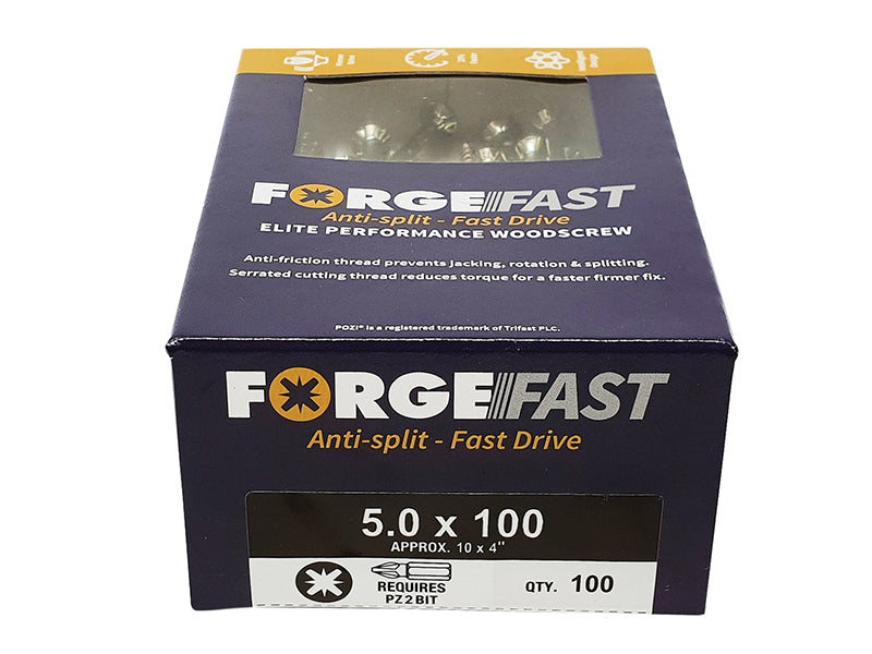ForgeFix ForgeFast Pozi Compatible Elite Performance Wood Screw ZY 5.0 x 100mm Box 100 FORFFP5100Y