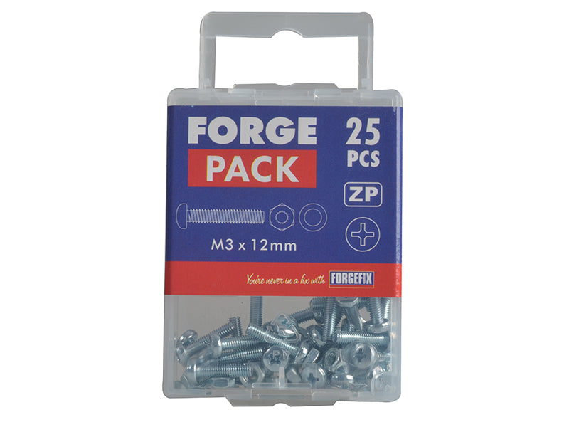 ForgeFix Machine Screw Pozi Compatible Pan Head ZP M3 x 12mm Forge Pack 25 FORFPMSPH312