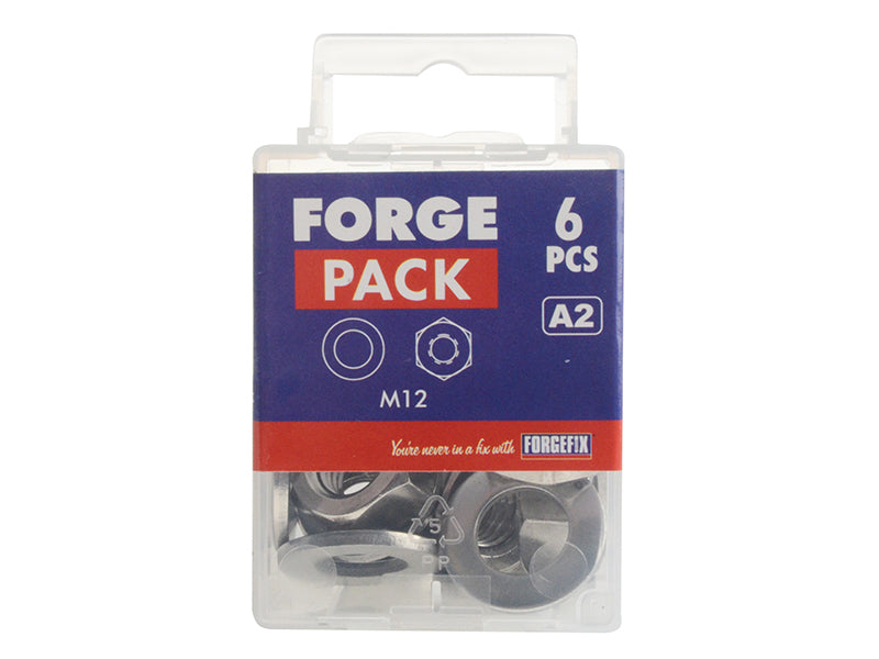 ForgeFix Hexagonal Nuts & Washers A2 Stainless Steel M12 ForgePack 6 FORFPNUT12SS