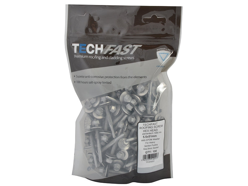 ForgeFix TechFast Hex Head Roofing Screw Self-Drill Heavy Section 5.5 x 51mm Pack 100 FORTFHH5551
