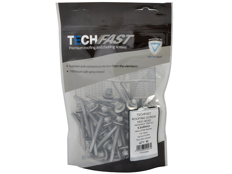 ForgeFix TechFast Hex Head Roofing Screw Self-Drill Heavy Section 5.5 x 80mm Pack 50 FORTFHH5580
