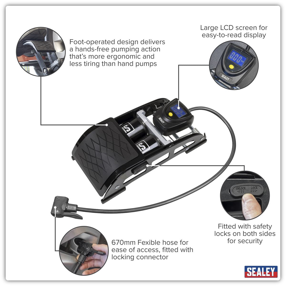 Sealey Twin Barrel Digital Foot Pump 0-73psi & 0-5bar 670MM Flexible Hose FP9D