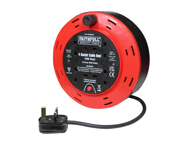 Faithfull Power Plus Cable Reel 240V 10A 4-Socket 10m FPPCR10M10A