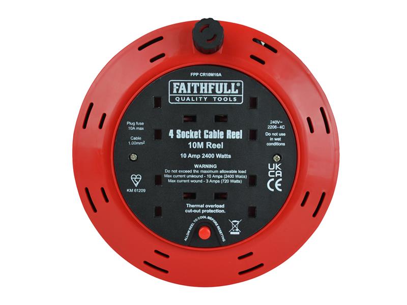 Faithfull Power Plus Cable Reel 240V 10A 4-Socket 10m FPPCR10M10A