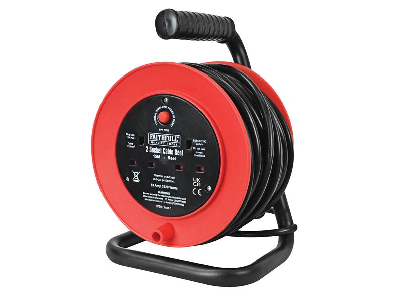 Faithfull Power Plus Open Drum Cable Reel 240V 13A 2-Socket 15m FPPCR15