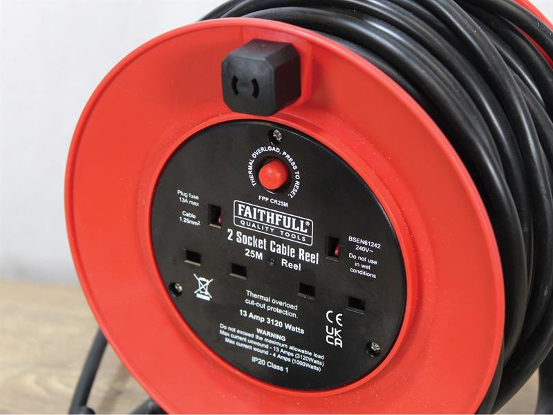 Faithfull Power Plus Open Drum Cable Reel 240V 13A 2-Socket 25m FPPCR25M