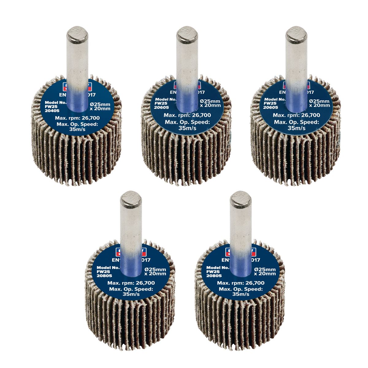 Sealey Flap Wheel �25 x 20mm �6mm Shaft Assorted Grit - Pack of 5 FW2520ASS