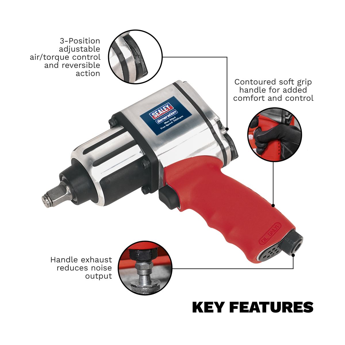 Sealey Air Impact Wrench 1/2"Sq Drive Twin Hammer 500lb.ft 680Nm GSA02