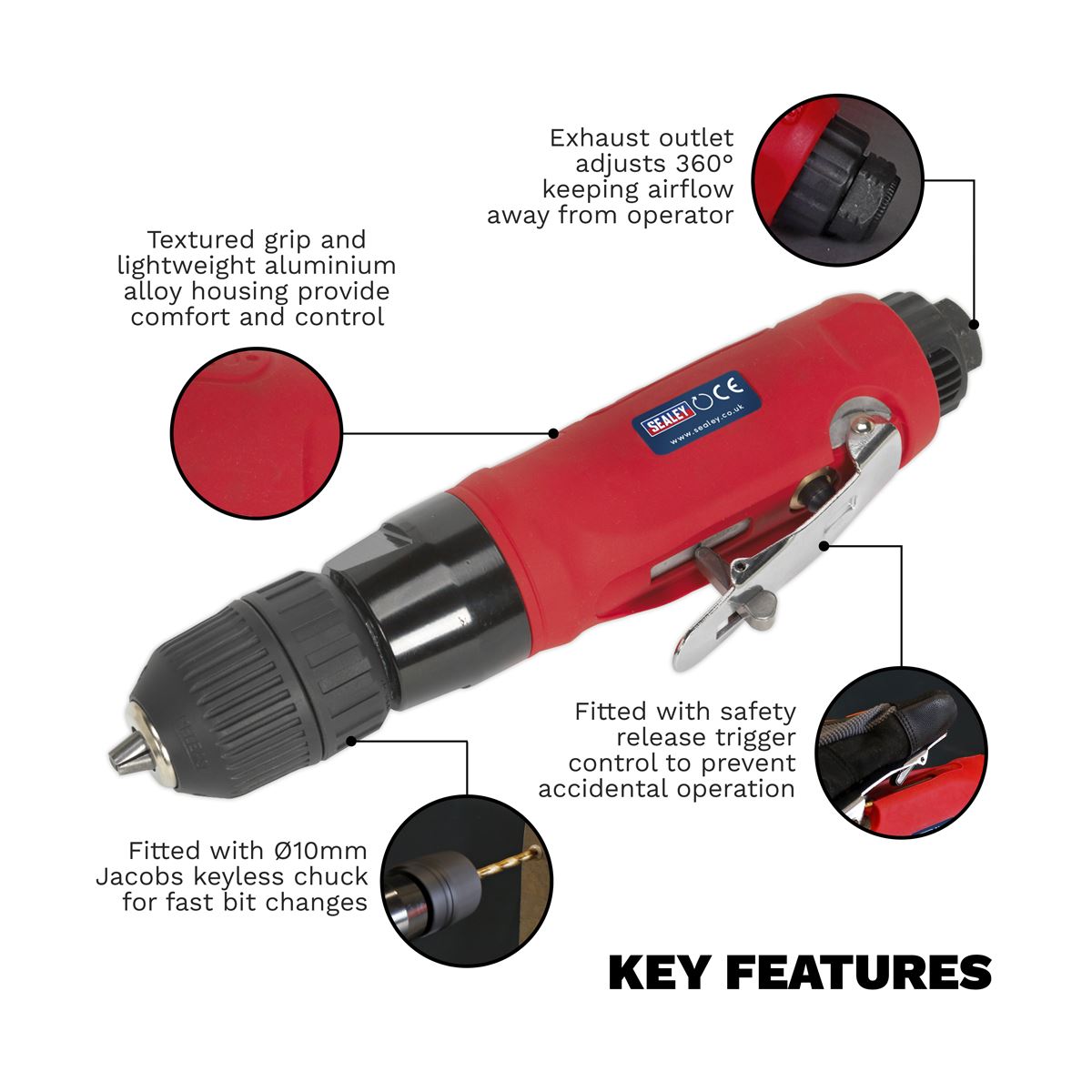 Sealey Air Drill Straight with �10mm Keyless Chuck GSA232