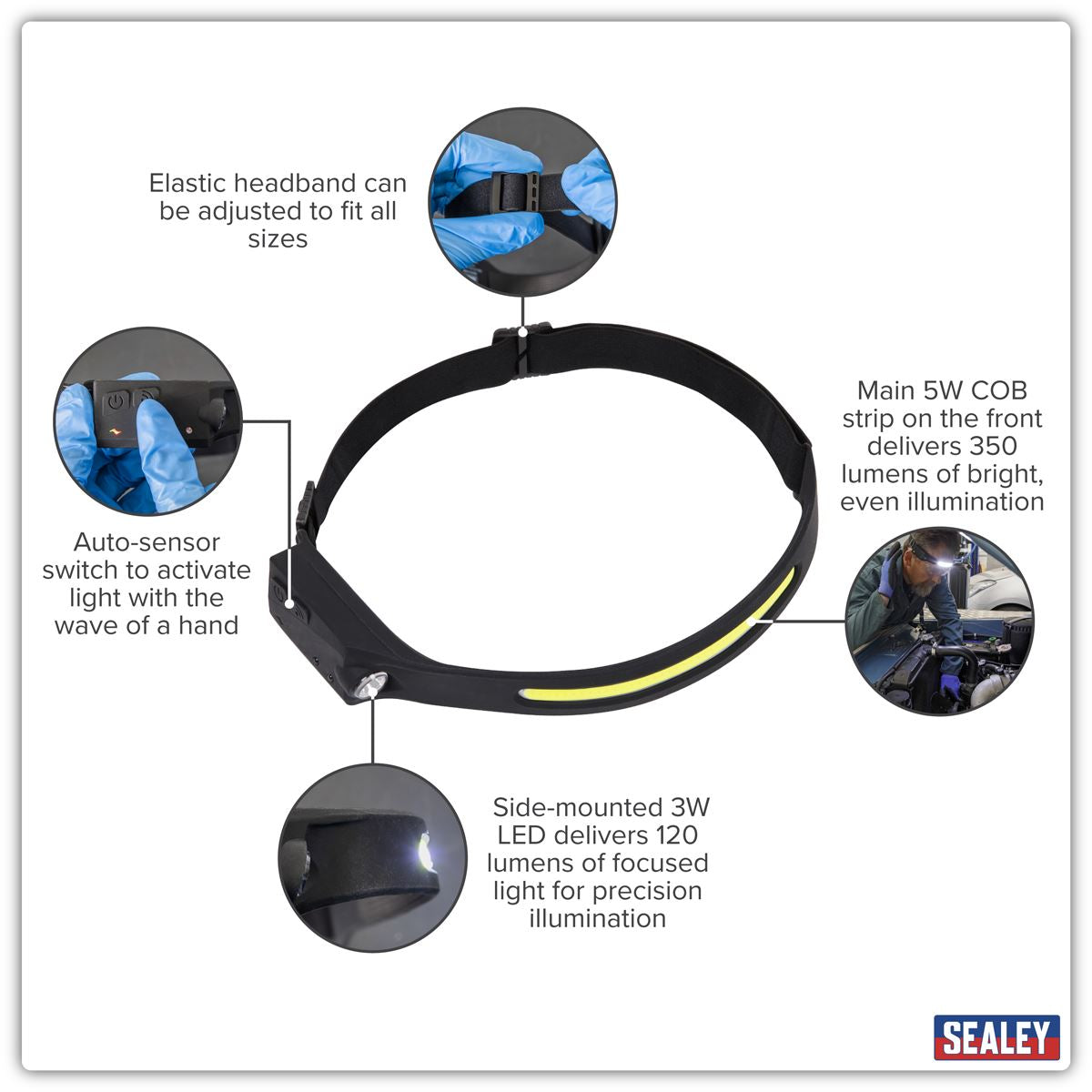 Sealey Head Torch 5W COB & 3W LED Bulb with Auto-Sensor Rechargeable HT104R