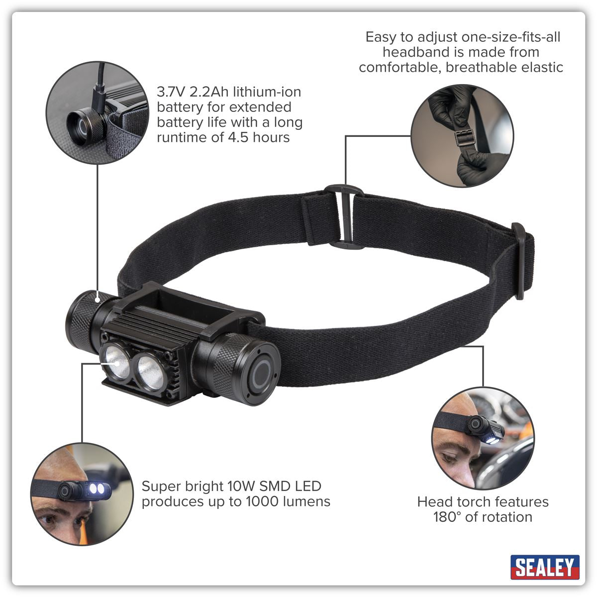 Sealey Rechargeable Head Torch 10W SMD LED 3.7V 2.2Ah Lithium-ion HT110R