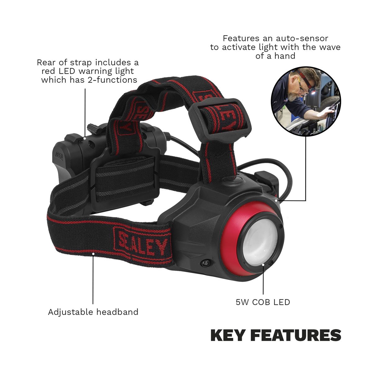 Sealey Rechargeable Head Torch 5W COB LED Auto-Sensor HT111R