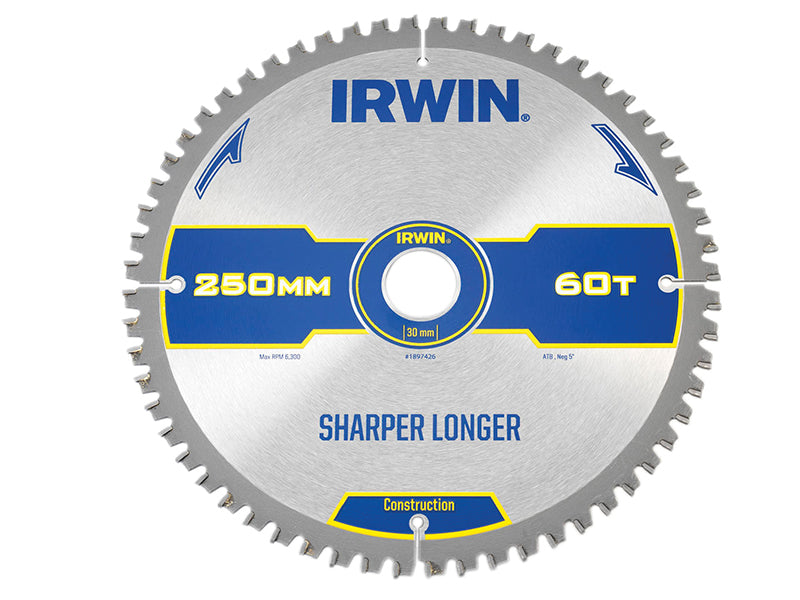 IRWIN Construction Mitre Circular Saw Blade 250 x 30mm x 60T ATB/Neg IRW1897426