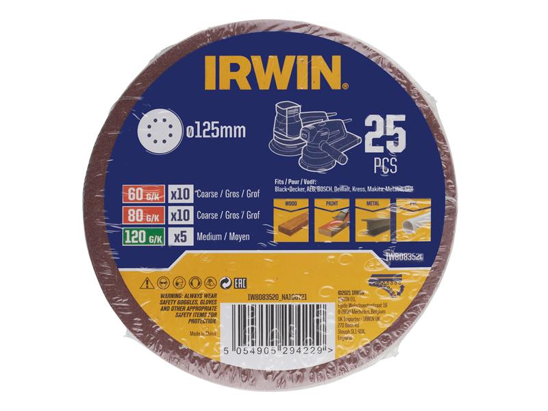 IRWIN Sanding Disc Set 125mm 25 Piece 10 x K60 10 x K80 5 x K120 IRWIW8083520