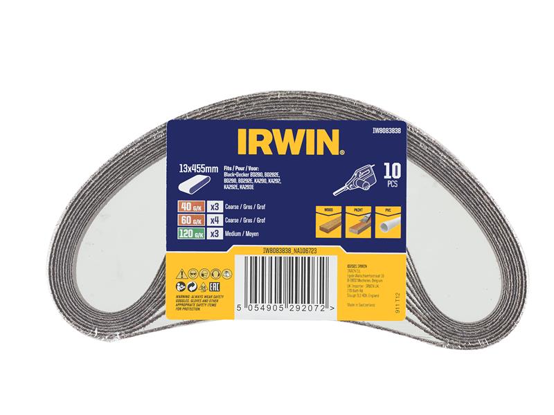 IRWIN Powerfile Sanding Belt Set 10 Piece 3 x 40G 4 x 60G 3 x 120G IRWIW8083838