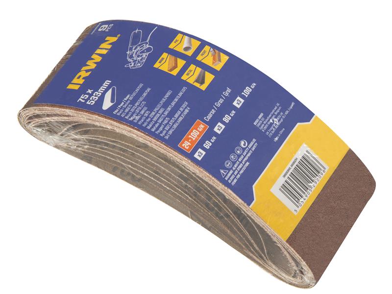 IRWIN Sanding Belt Set 9 Piece 75 x 533mm 3 x 60G 3 x 80G 3 x 100G IRWIW8083840